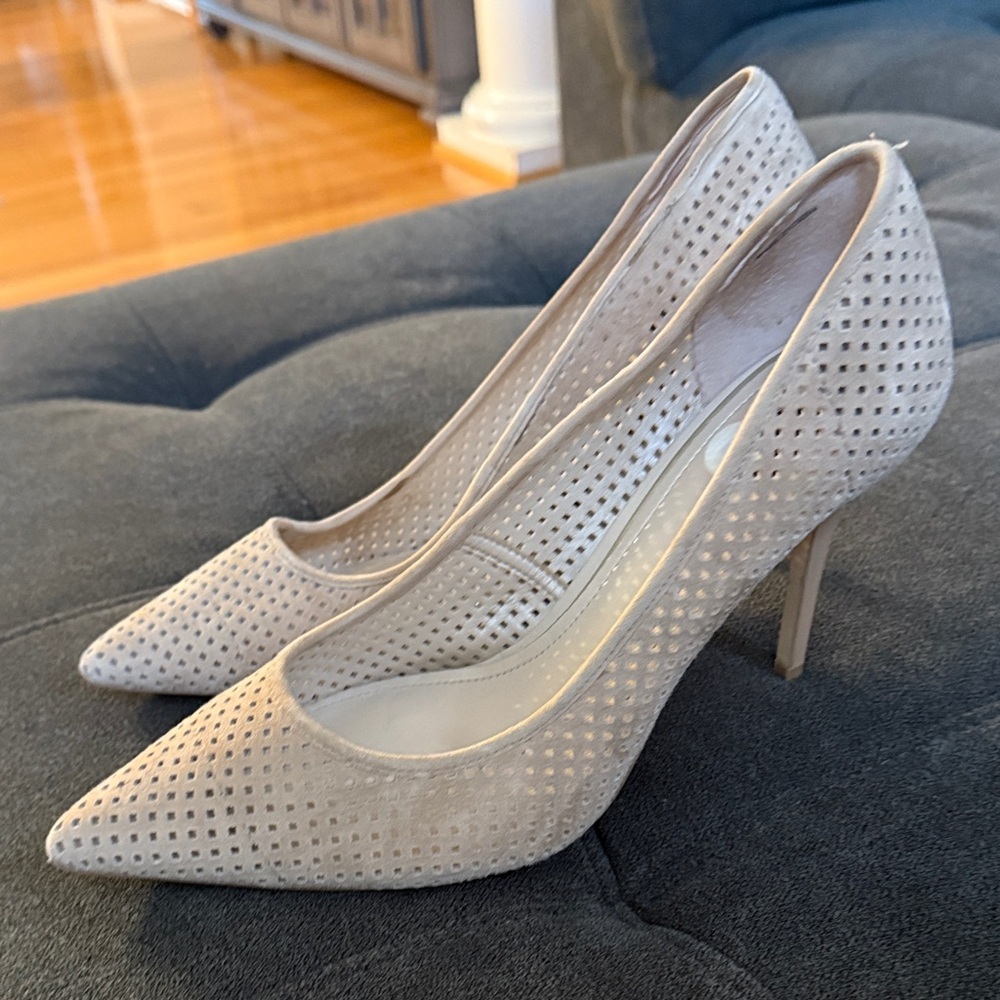 White House Black Market Perforated Pointed-Toe Heels in Light Taupe